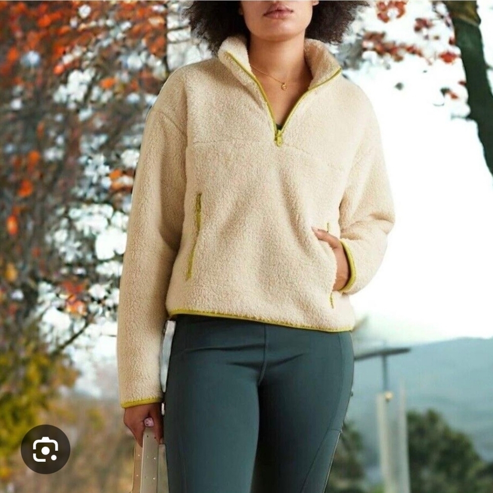 Girlfriend Collective Sherpa Fleece Half 1/2 Zip Pullover Cream Green Trim XL
